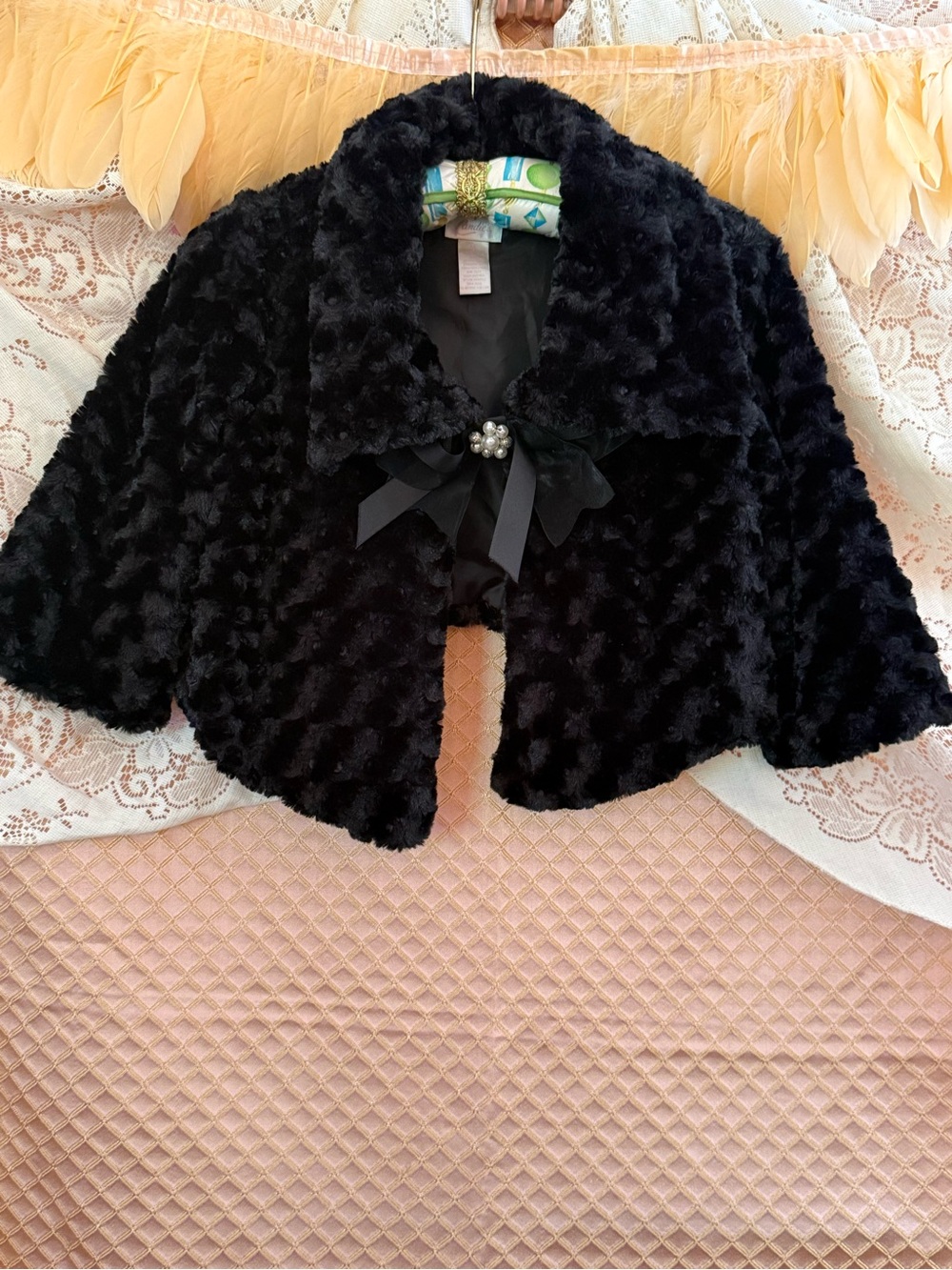 Vintage Y2K Candies Black Faux Fur Cropped Jacket with Ribbon & Pearl Accent